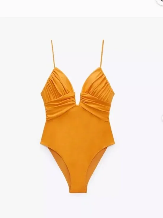 ZARA BRIGHT YELLOW/ORANGE RUCHED SWIMSUIT - Picture 3 of 6